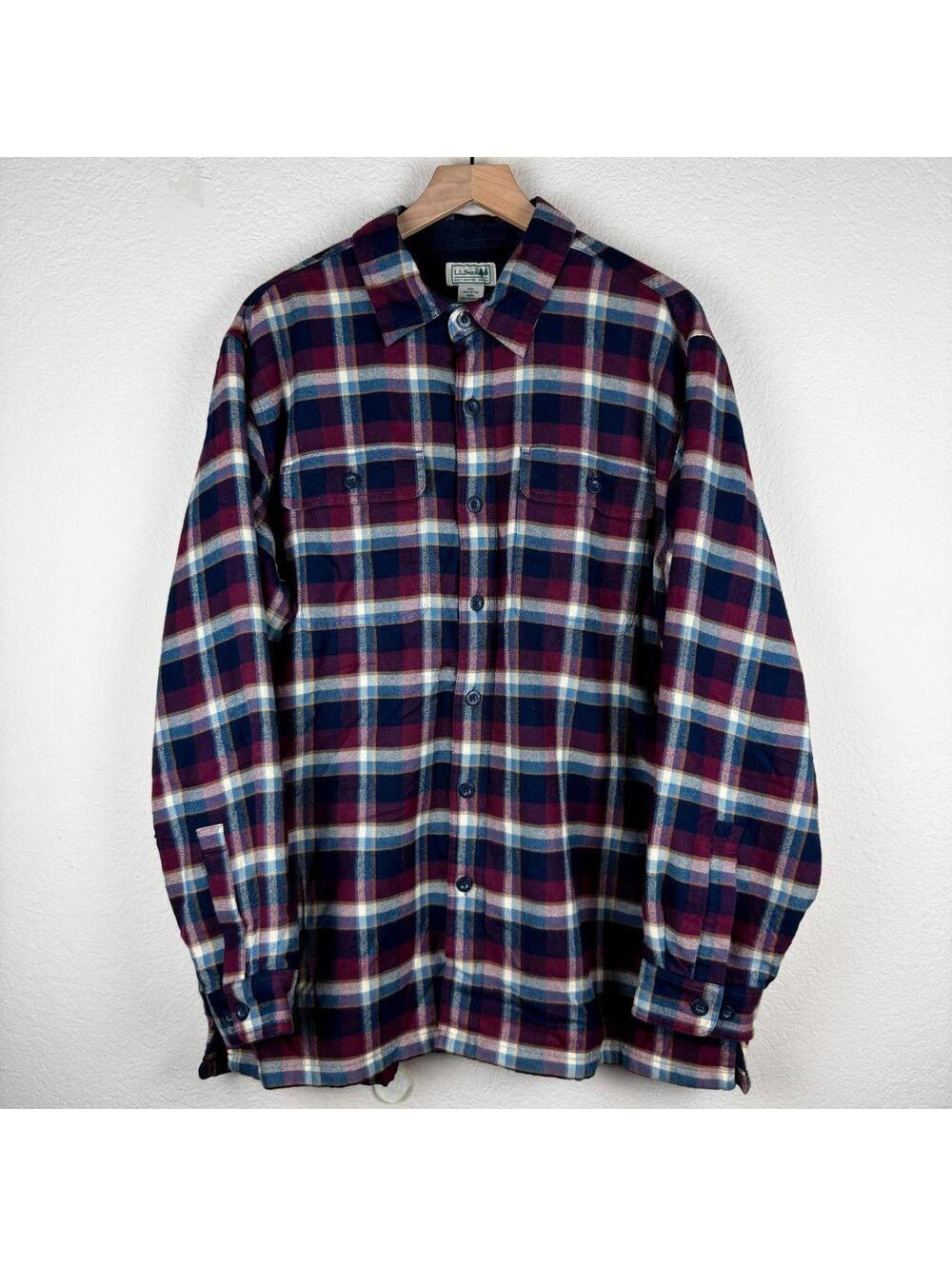 L.L. Bean Flannel Men's L Navy Burgundy Fleece 100% Cotton